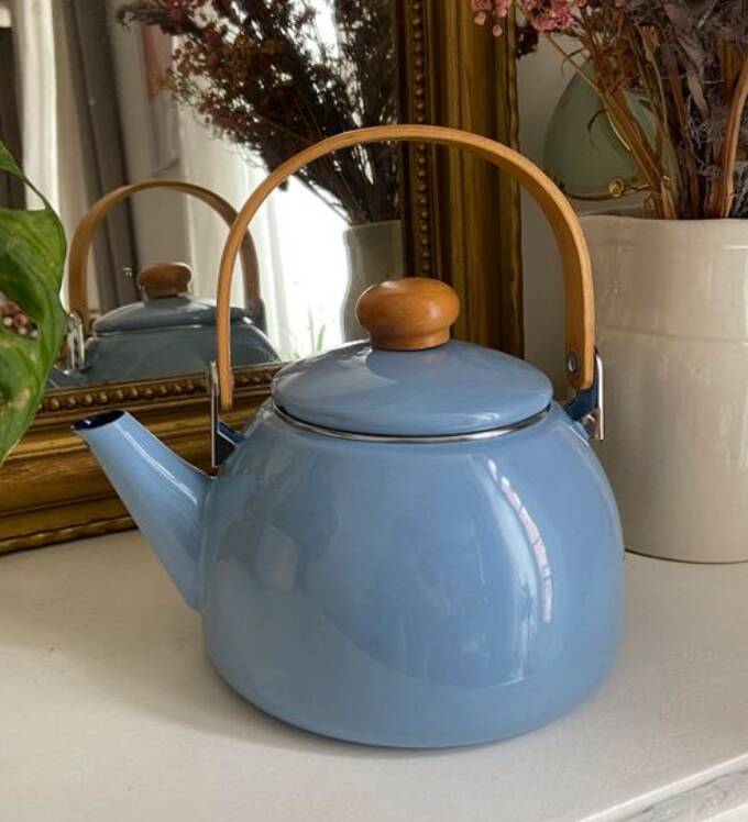 Vintage blue enamelled tin teapot with wooden handle