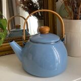 Vintage blue enamelled tin teapot with wooden handle