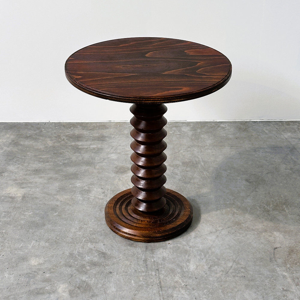 French sculptural turned oak pedestal side table, 1960s