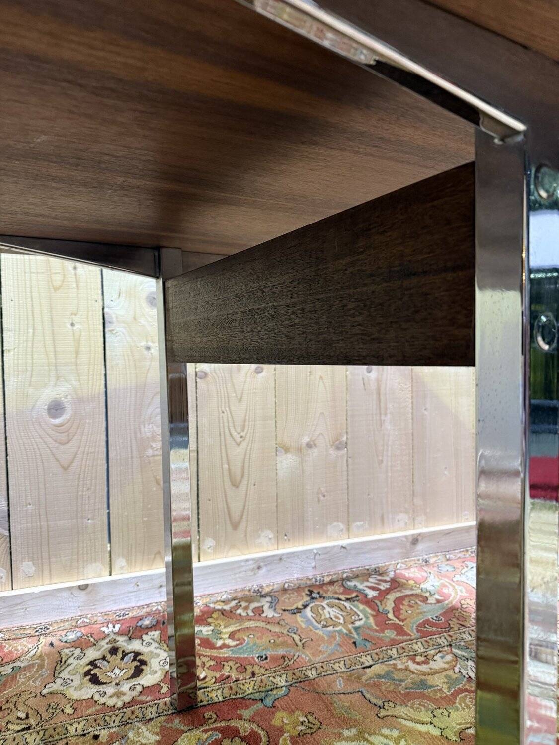 Italian dining table in wood and chrome signed "TRAU"