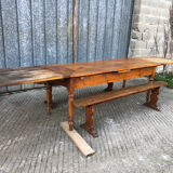 Antique farmhouse table in solid cherry wood with its 2 benches