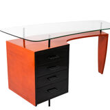 Bureau à caisson en bois laqué noir et orange, années 1950