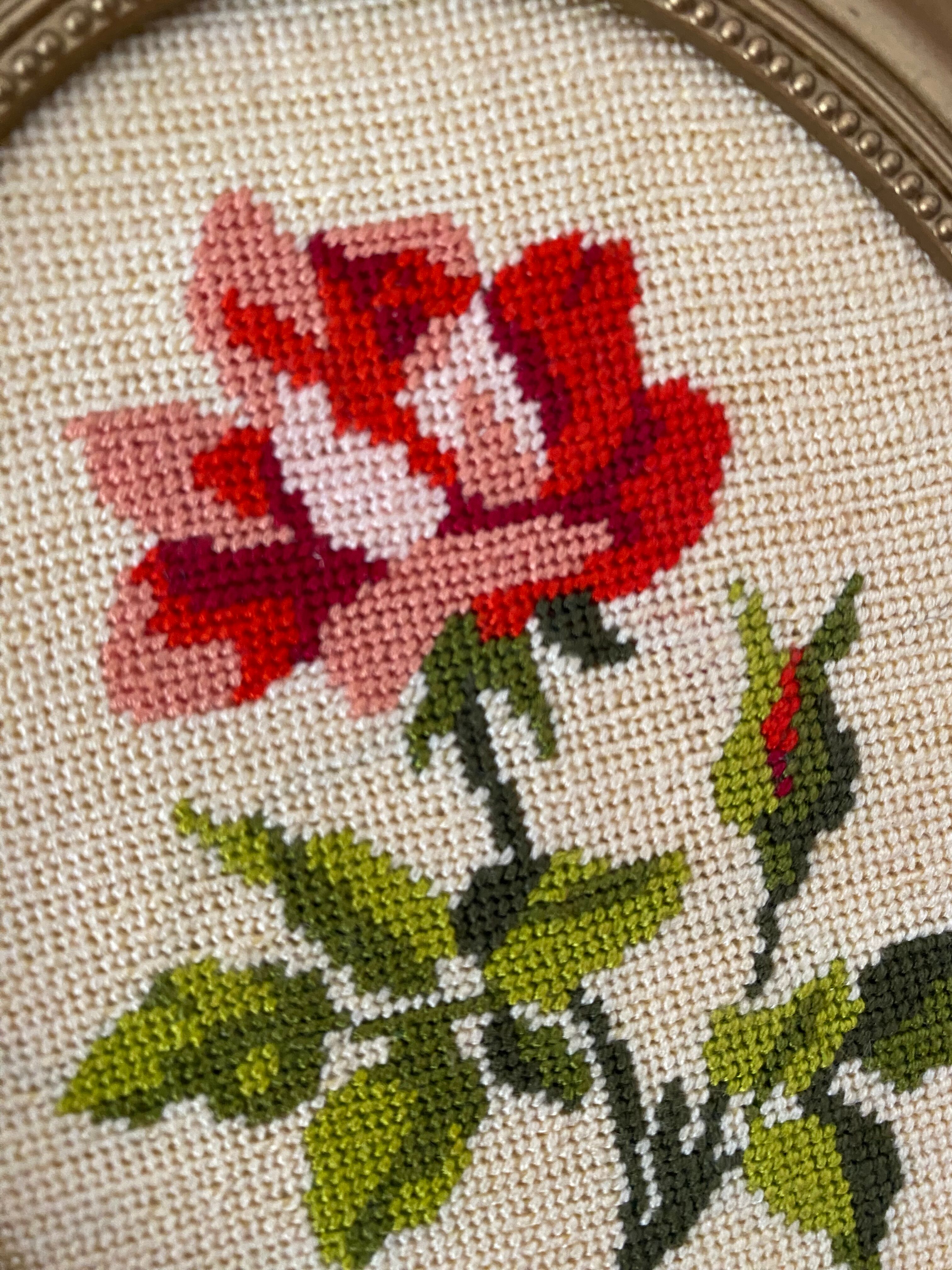 2 oval frames vintage floral embroidery