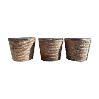 Three cache pots zinc vintage rope