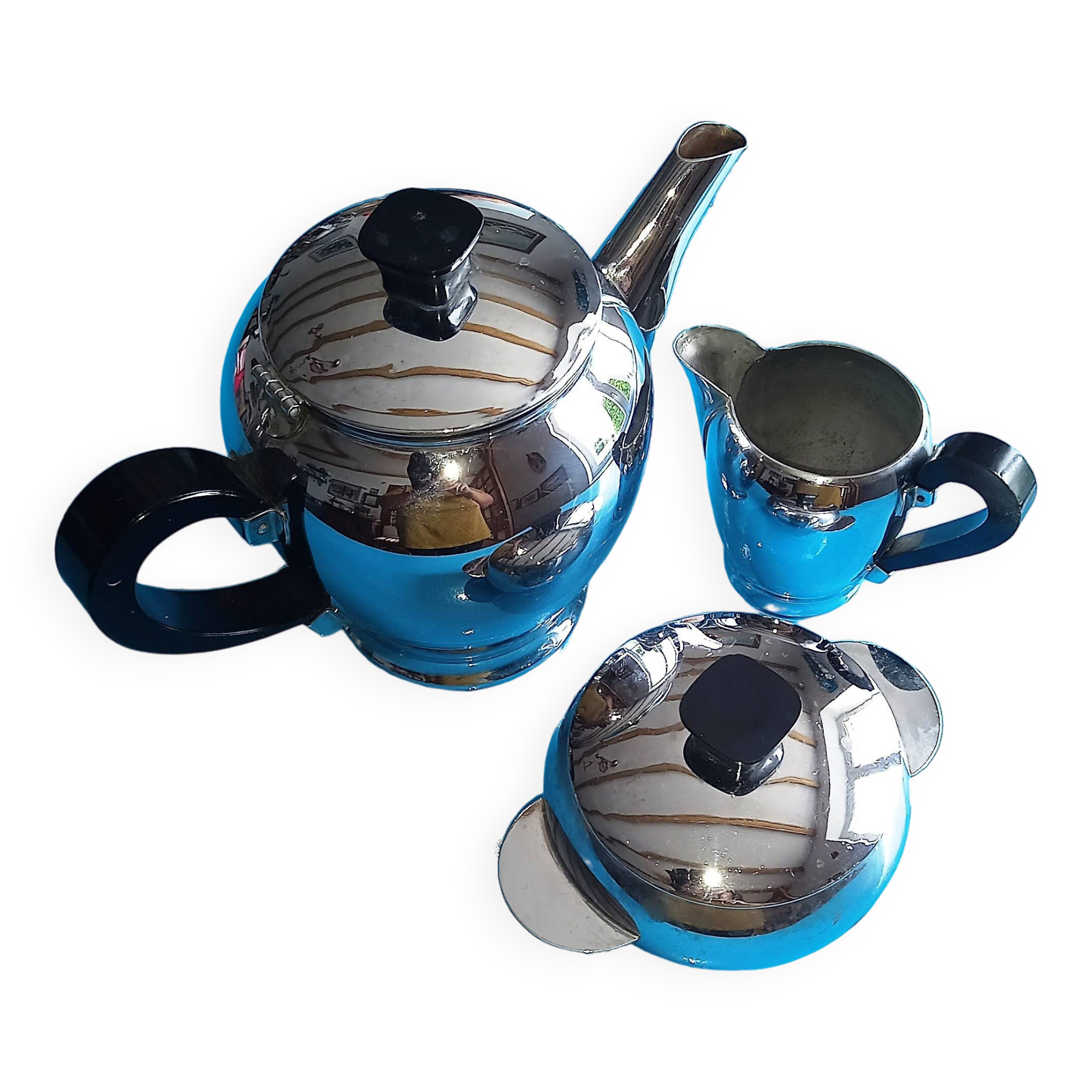 Baumlin nickel chrome 3-piece service - coffee/tea maker, milk jug, sugar bowl