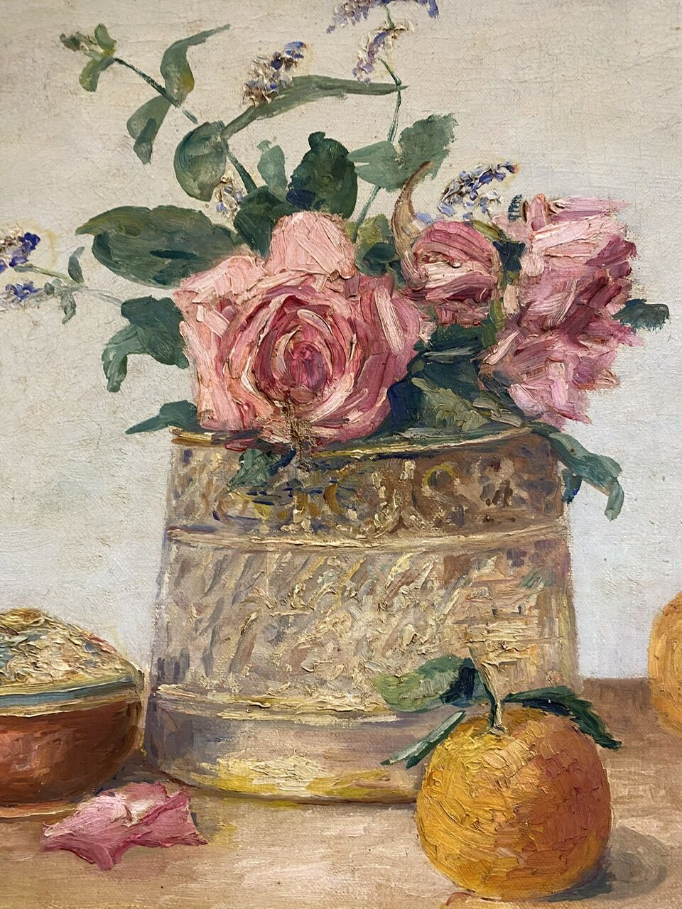 Old painting, still life with roses and oranges, signed circa 1950.