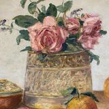 Old painting, still life with roses and oranges, signed circa 1950.