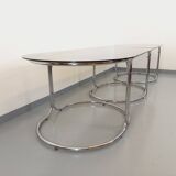 Large vintage modular oval dining table in smoked glass and chromed metal, Space Age style, 70s