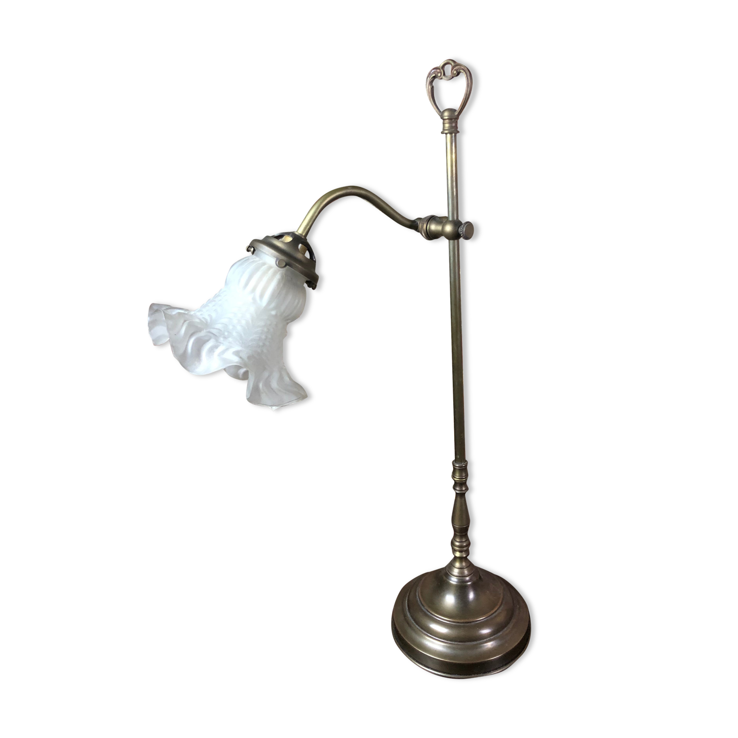 Bronze and brass desk lamp, tulip in glass paste 1930