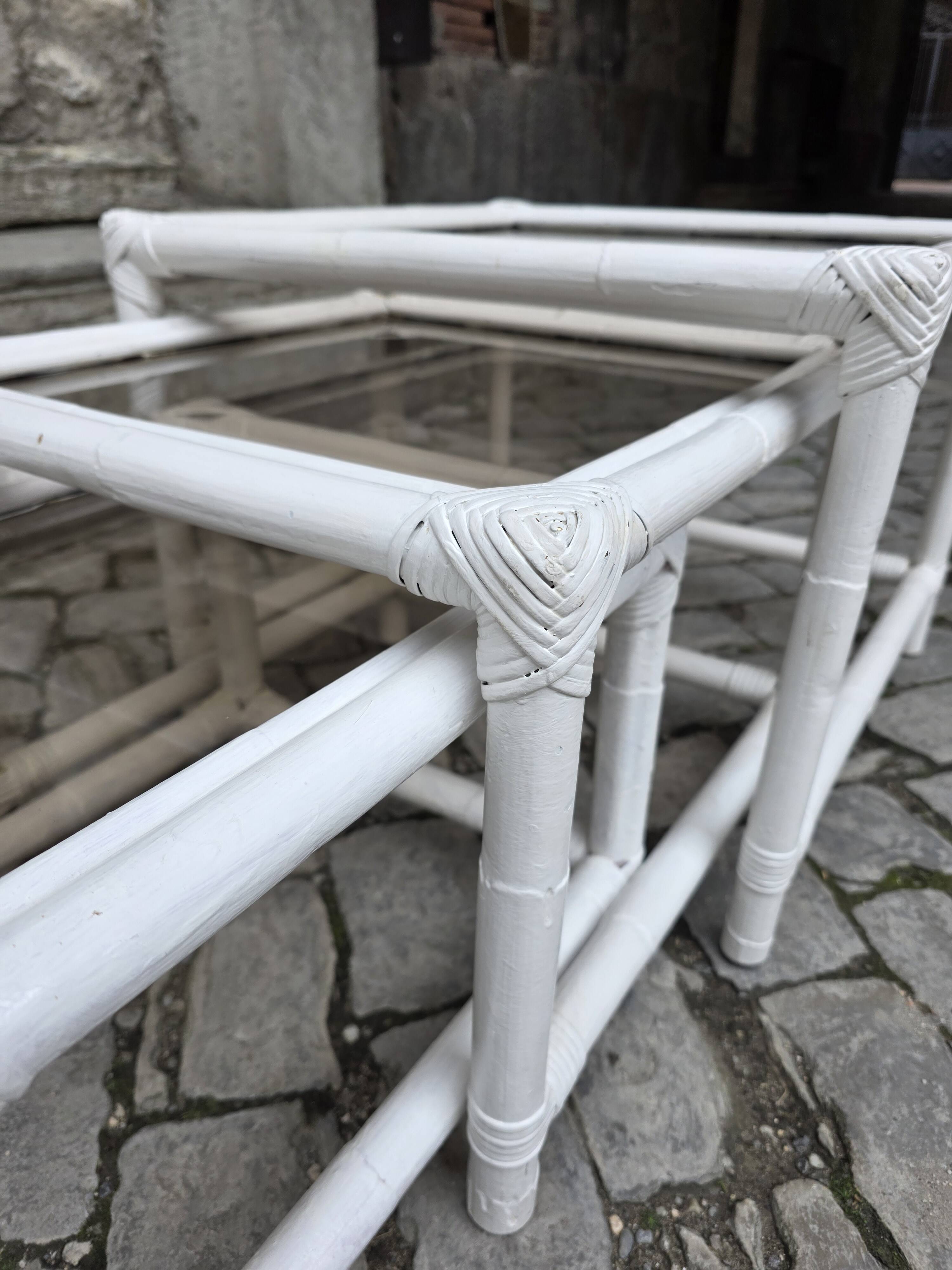 Nest of bamboo and smoked glass tables from the 1970s.