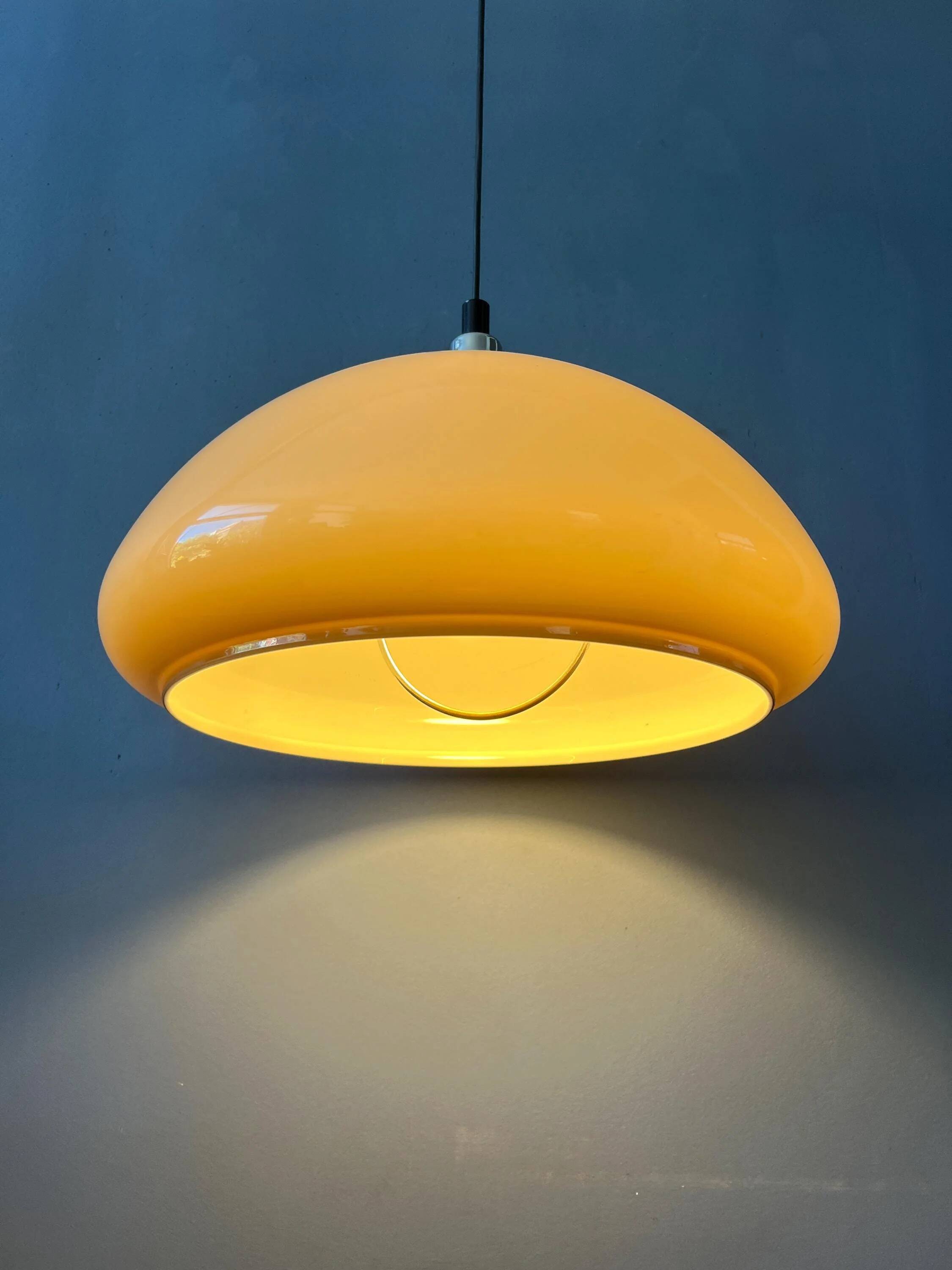 Beige acrylic glass mushroom pendant with a chrome top cap.