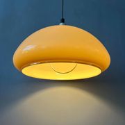 Beige acrylic glass mushroom pendant with a chrome top cap.