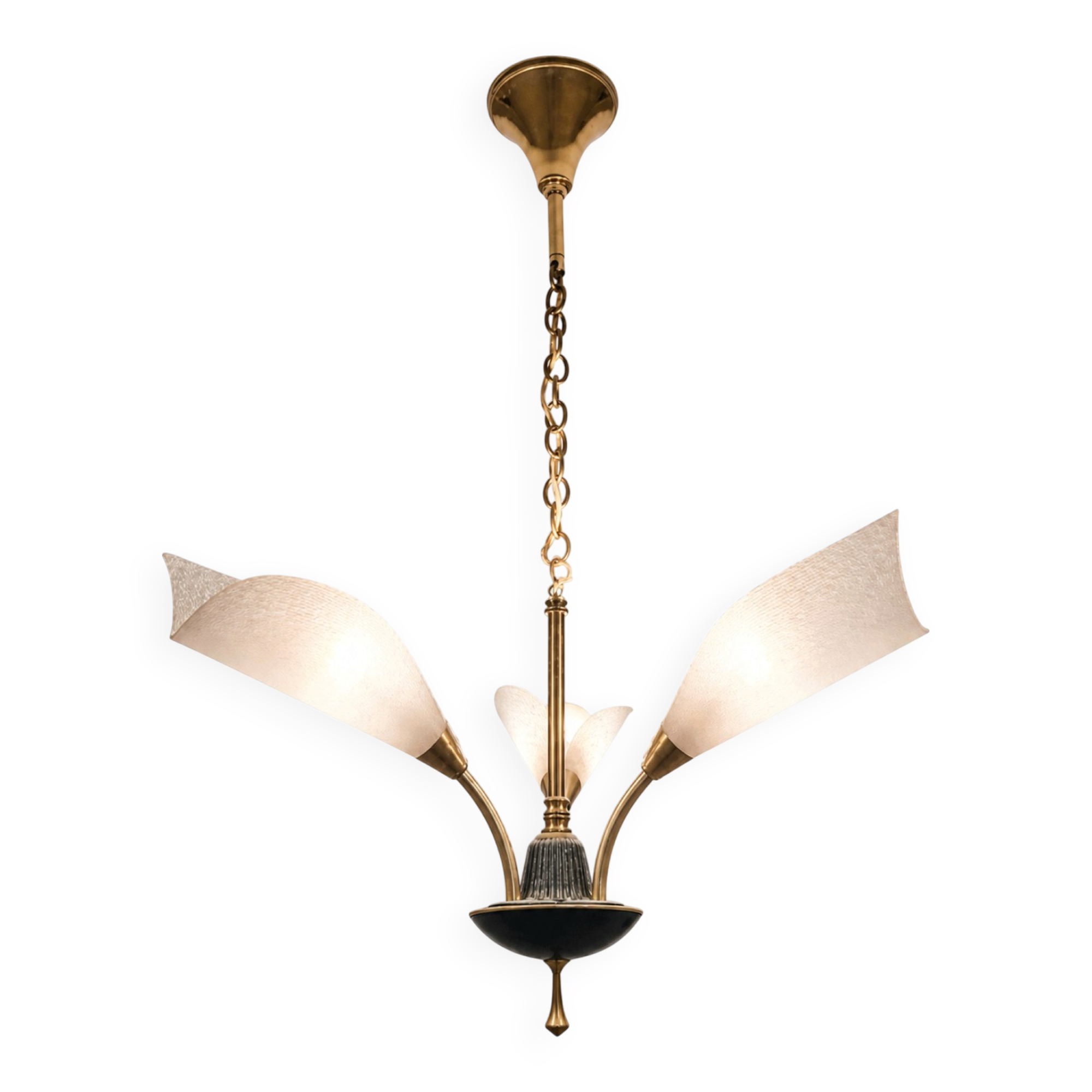 Vintage Mid-Century brass three-arm chandelier with frosted glass tulips.