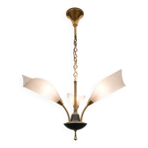 Vintage Mid-Century brass 3-arm chandelier with satin glass tulips.