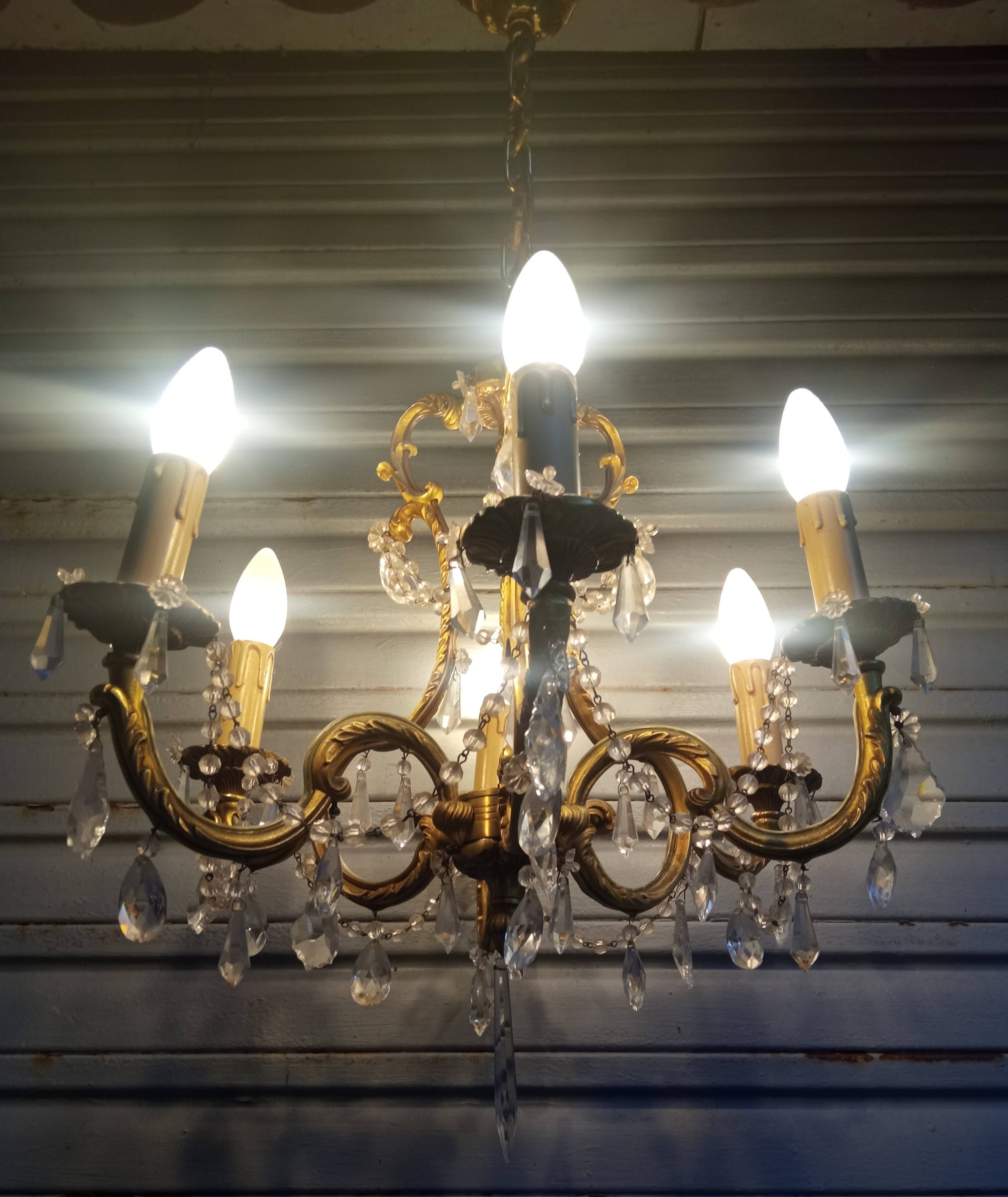 Antique cage chandelier in gilded bronze and crystal, 6 lights / working condition l gau