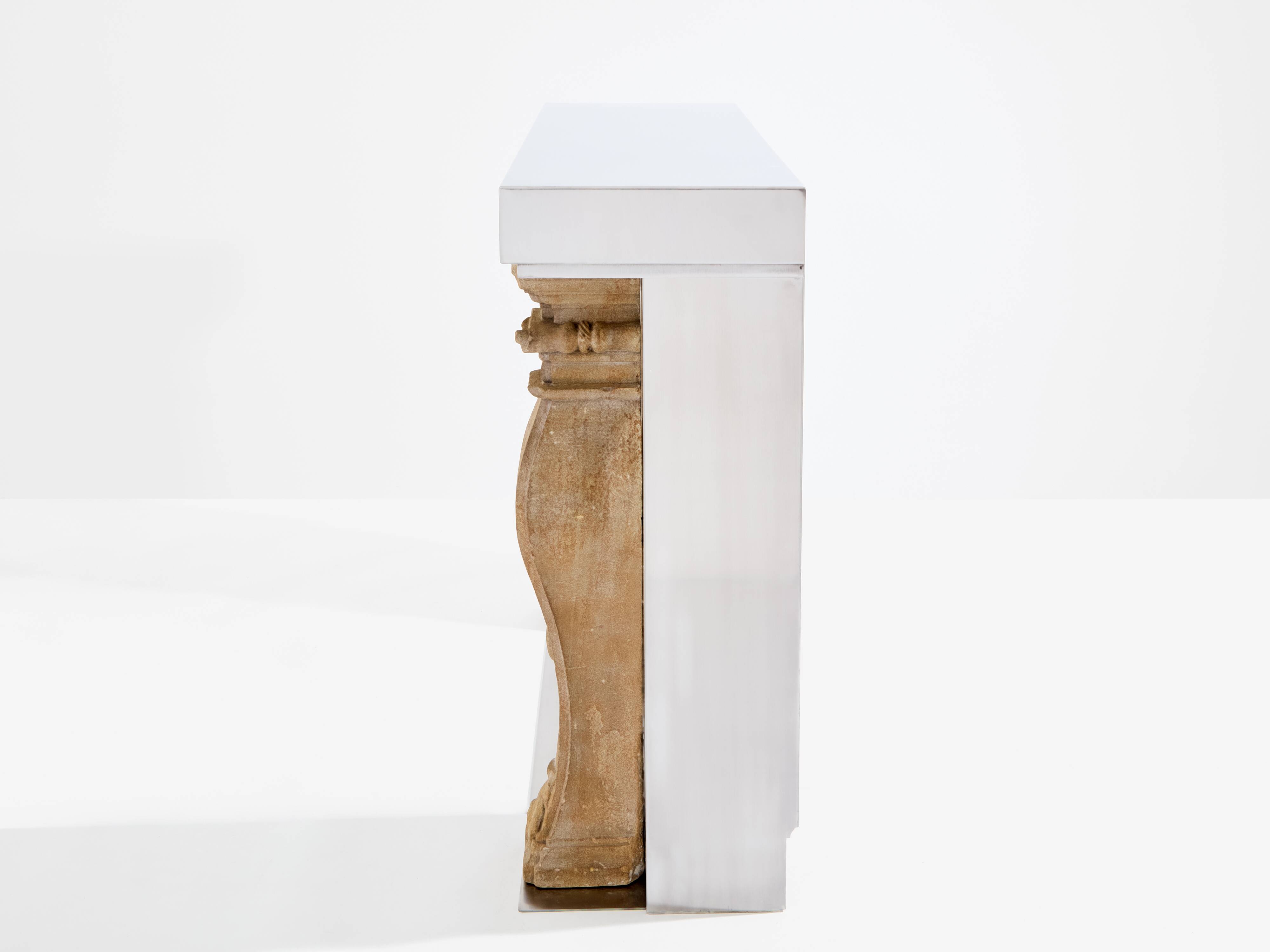 Maison Jansen fireplace mantel brushed steel cut stone 1968