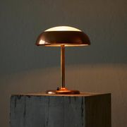 Art Deco table lamp in patinated copper, brass, and satin glass from the 1950s.