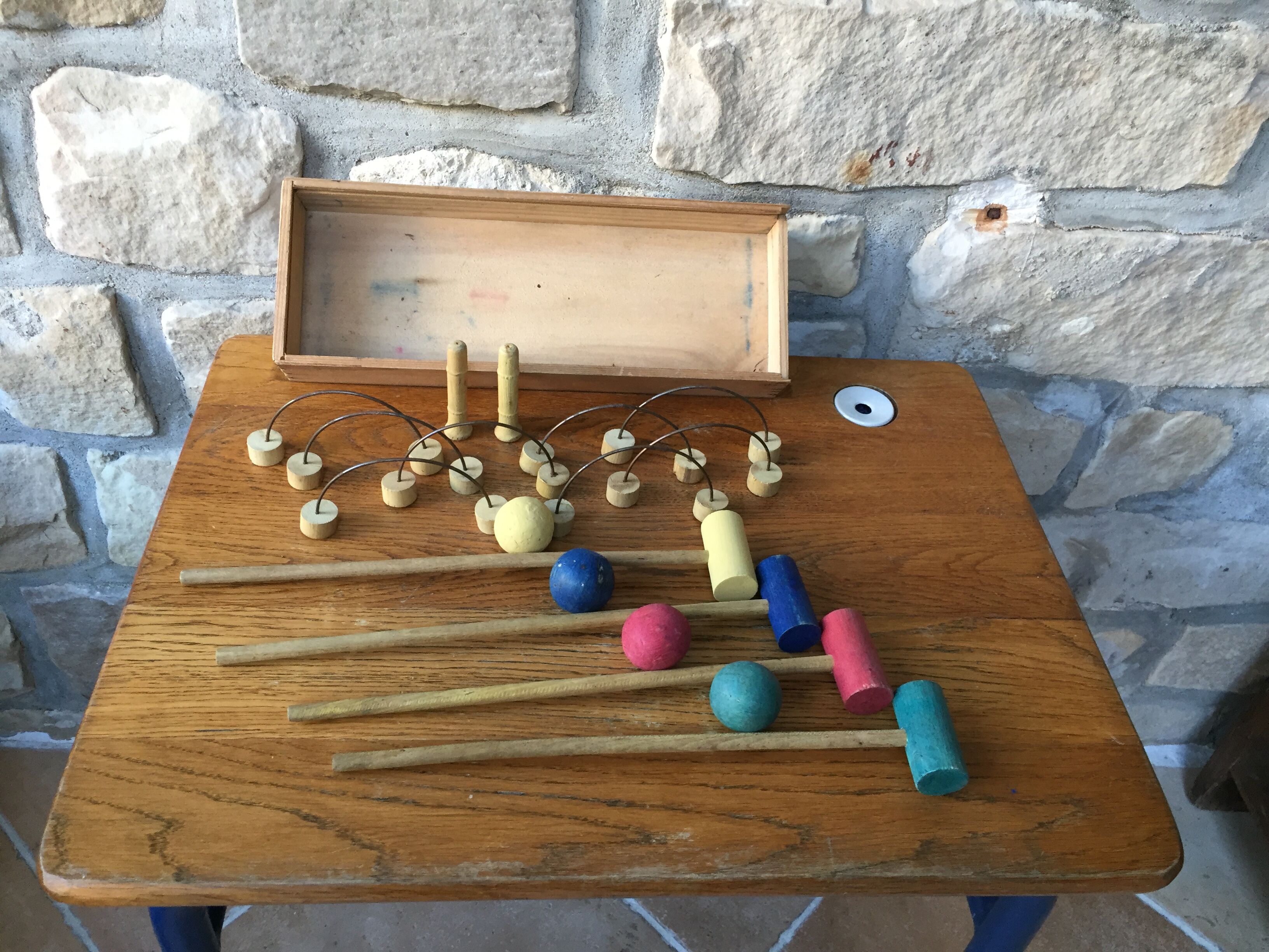 Old wooden lounge croquet game in its box