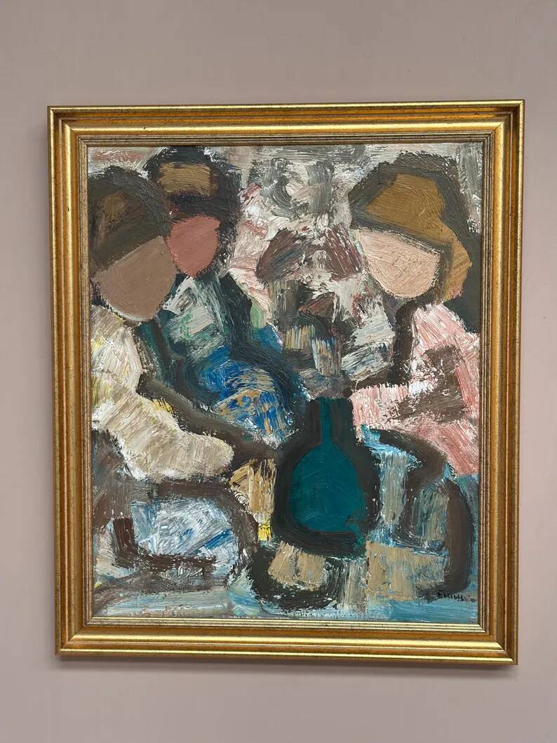 Original Swedish Oil on Canvas – "Family" by Gösta Falck – Signed – Vintage and Framed