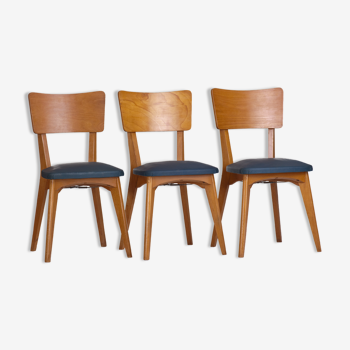Set de 3 chaises vintage 1960 Monobloc pieds compas et skaï bleu canard