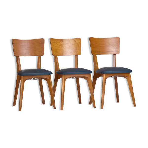 Set de 3 chaises vintage 1960 Monobloc pieds compas et skaï bleu canard