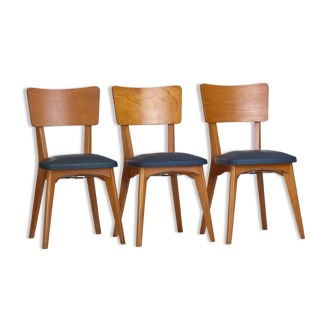 Set de 3 chaises vintage 1960 Monobloc pieds compas et skaï bleu canard
