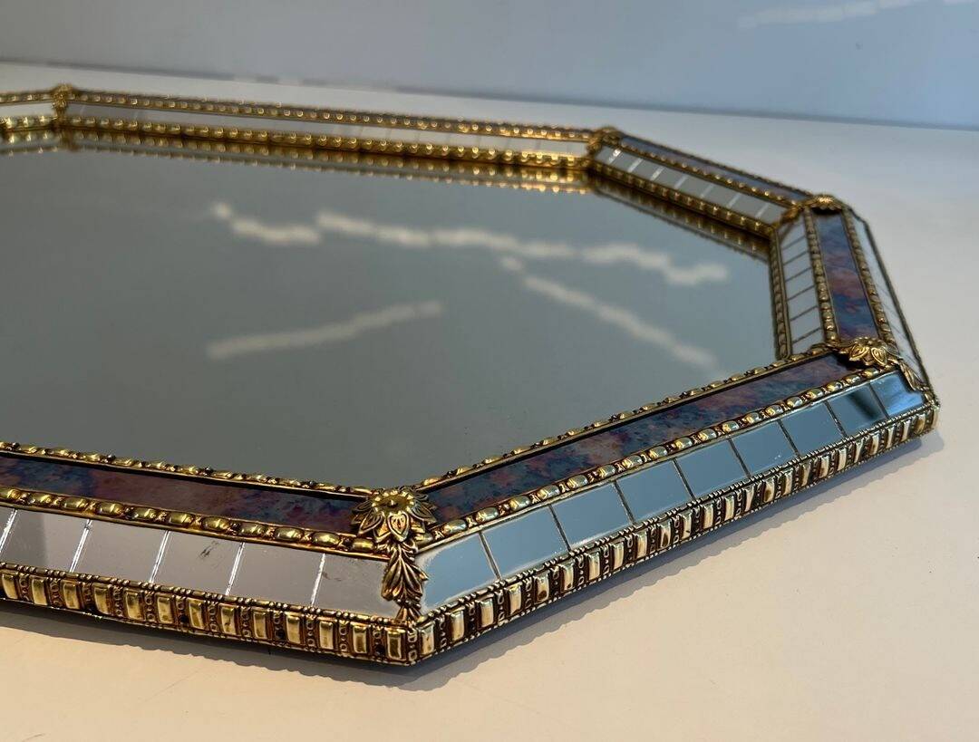 Octagonal Faceted Mirror with Brass Garlands — French Work, Glass