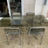 Vintage table, glass top, chrome base + 4 chairs