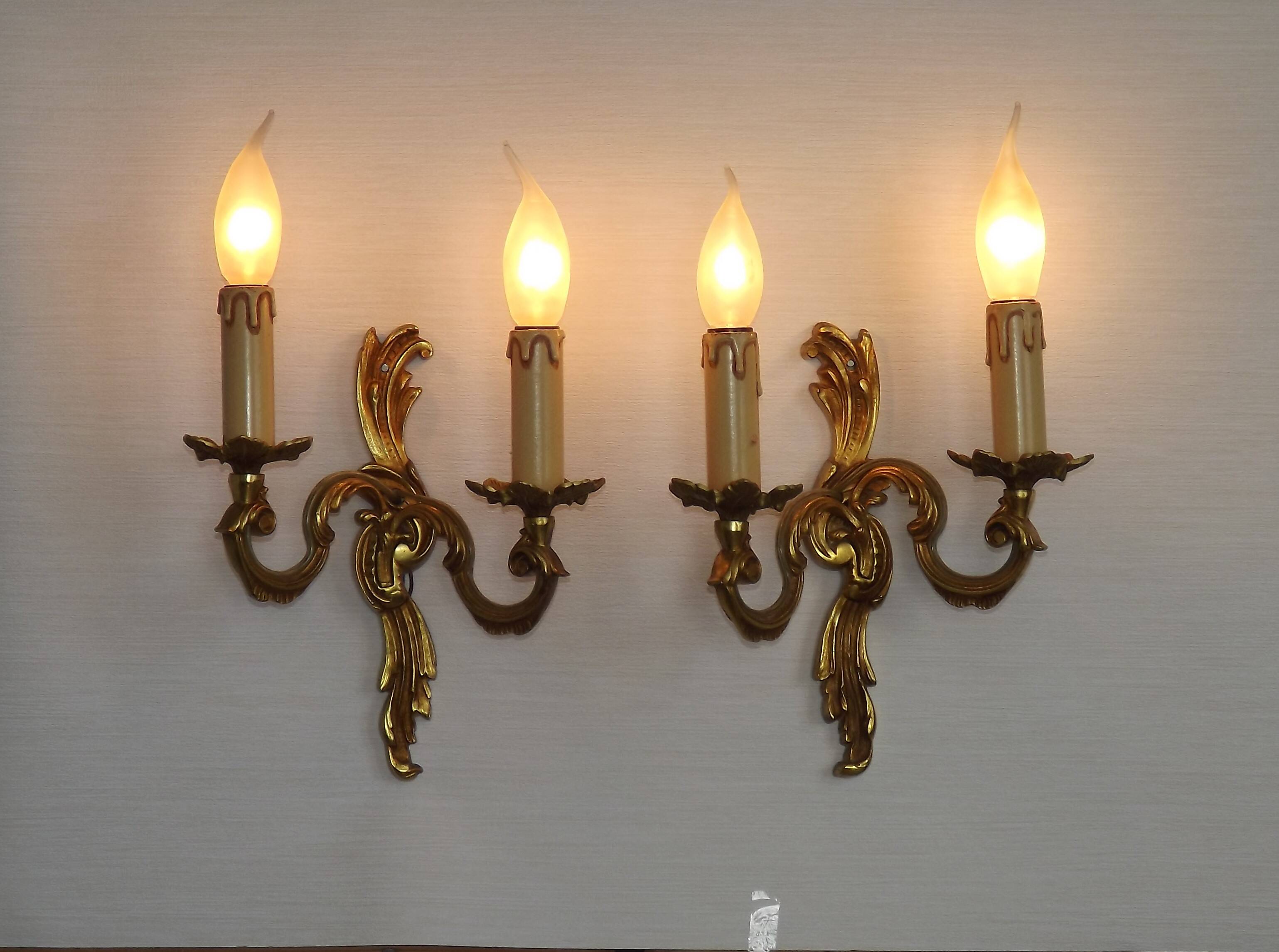 Stylish Vintage French Bronze Double Wall Sconces with Acanthus Leaf Detail