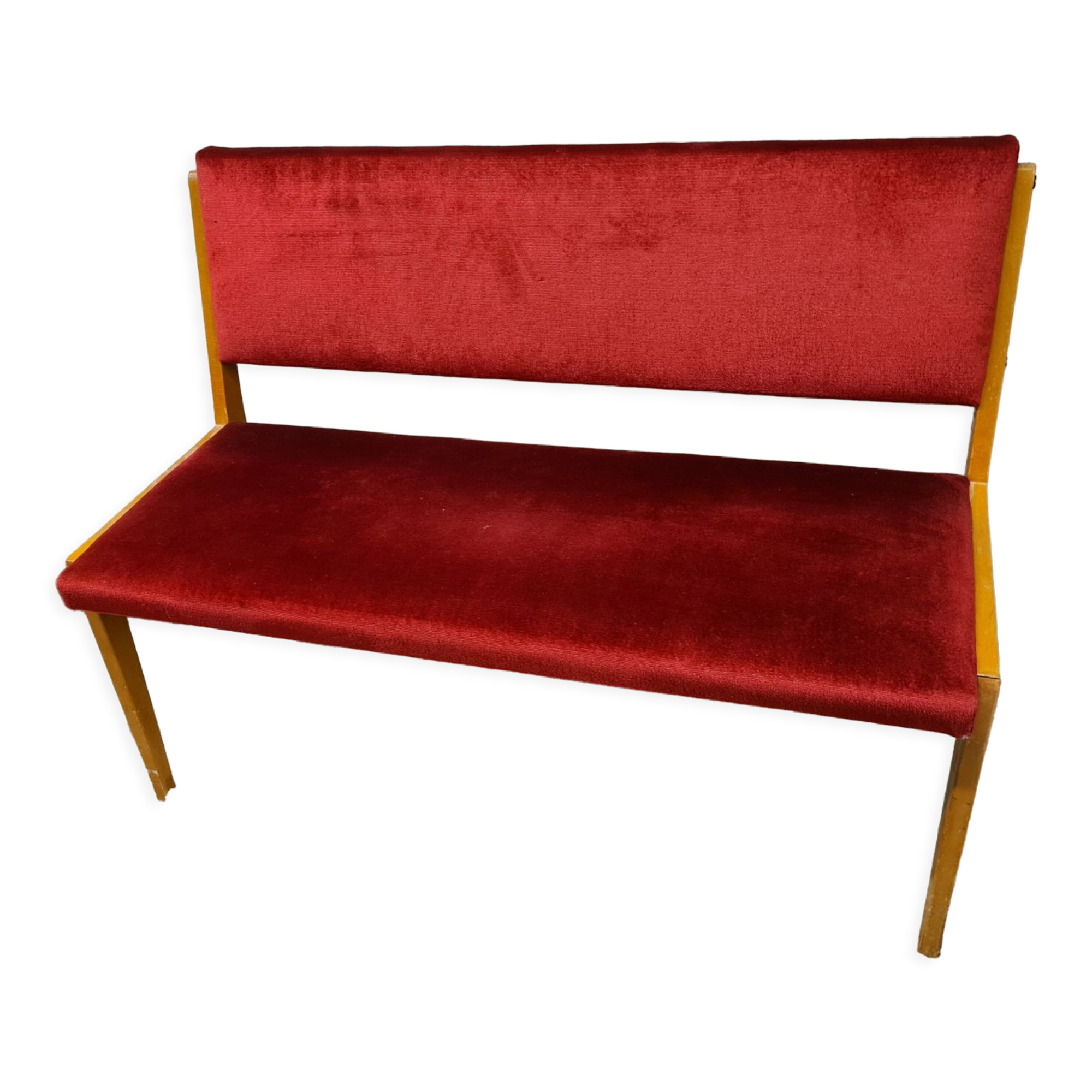 Two-seater red velvet bench 1970 vintage
