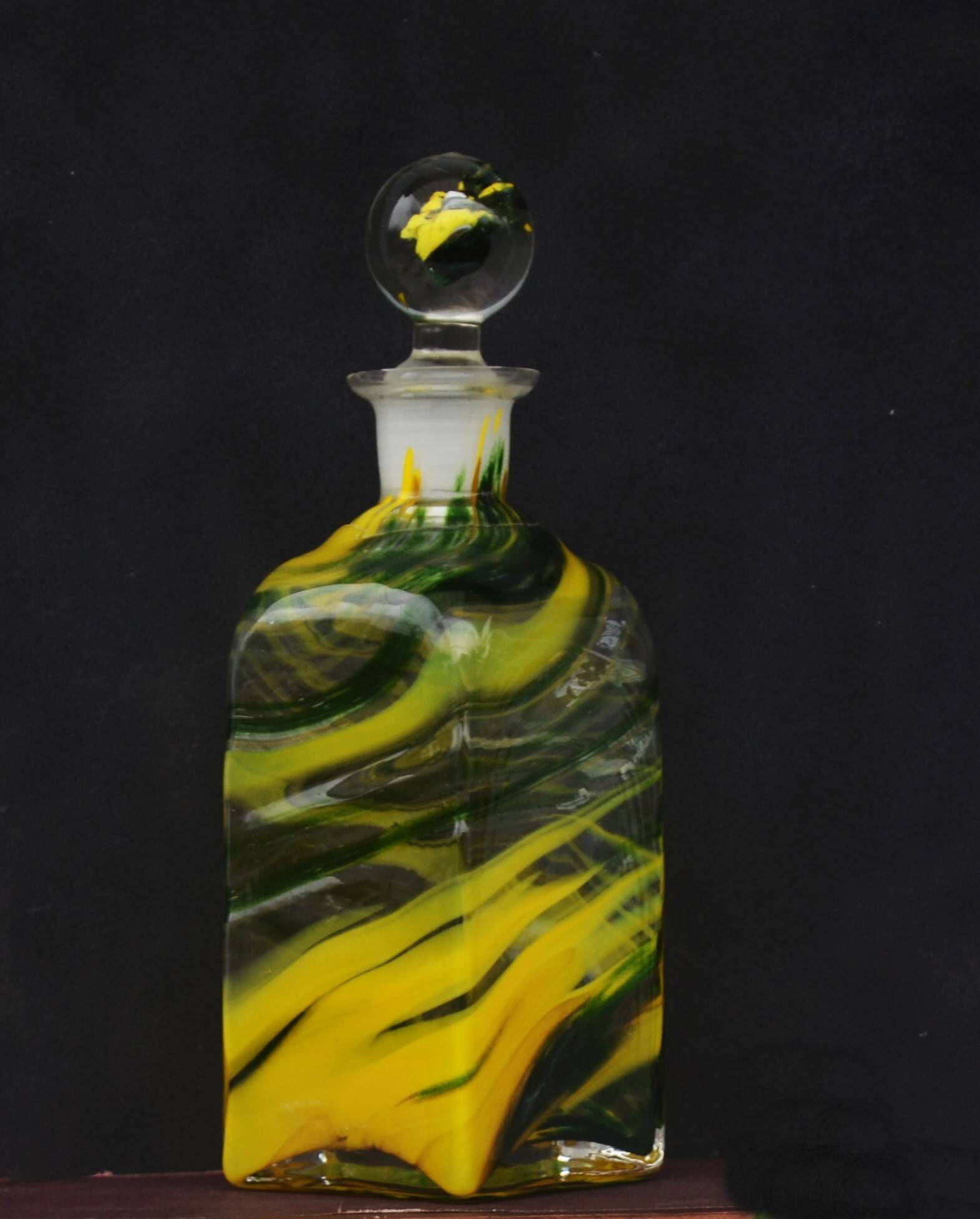 Mdina Style Decanter Glass Bottle Yellow and Green  21cm tall