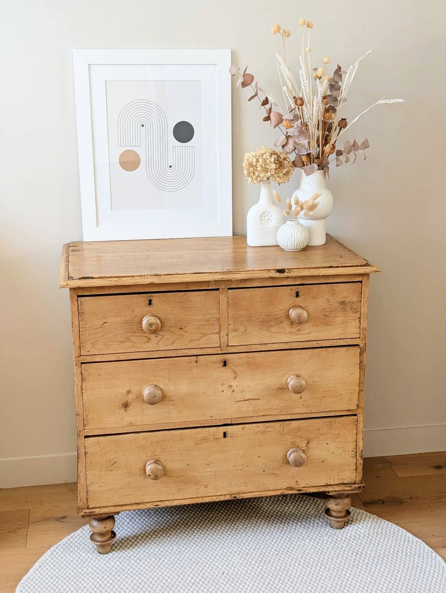 Renovated antique English solid pine chest of drawers.