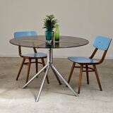 Round table in smoked glass and chrome metal from the 70s