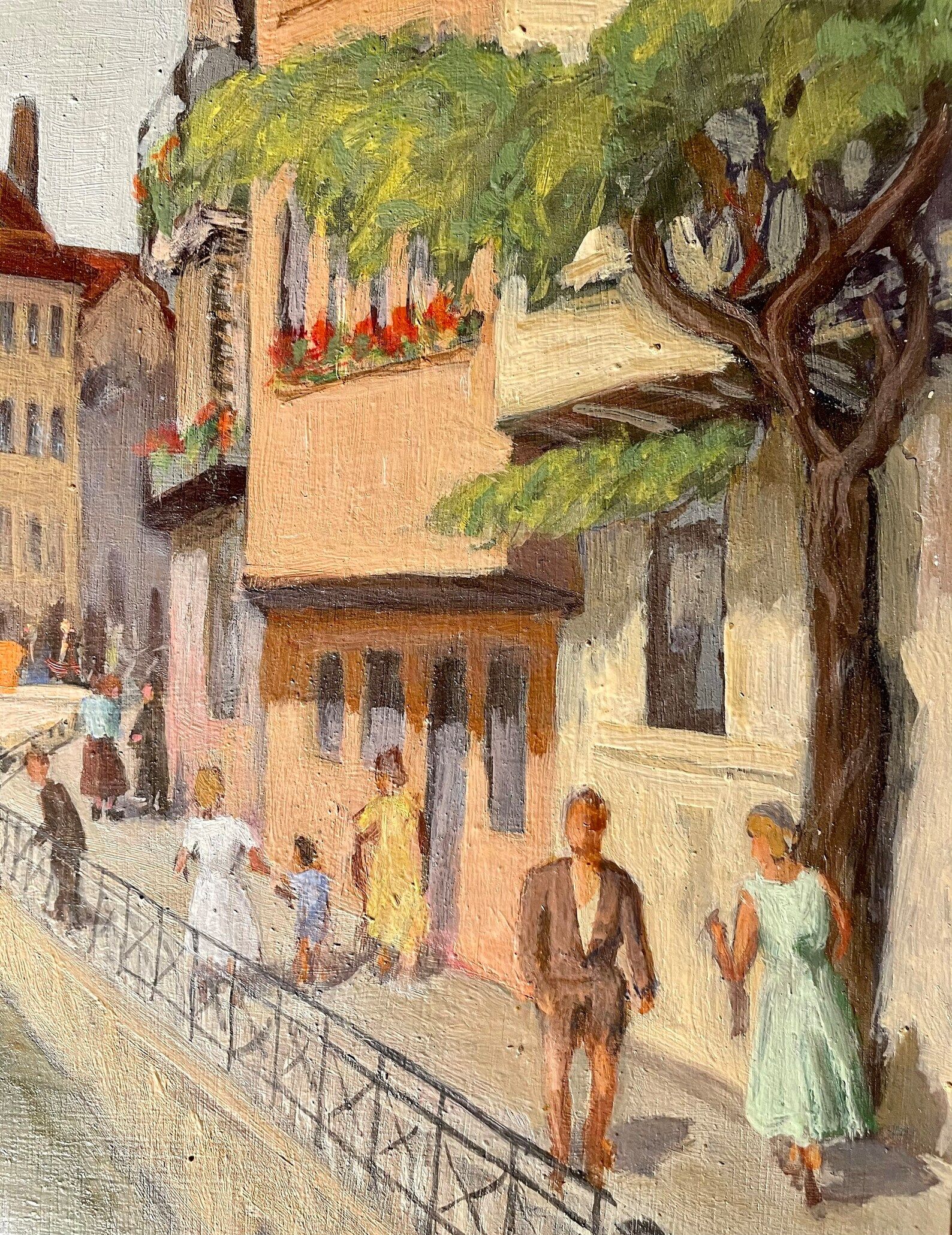 1940s French oil painting on wood. Cityscape