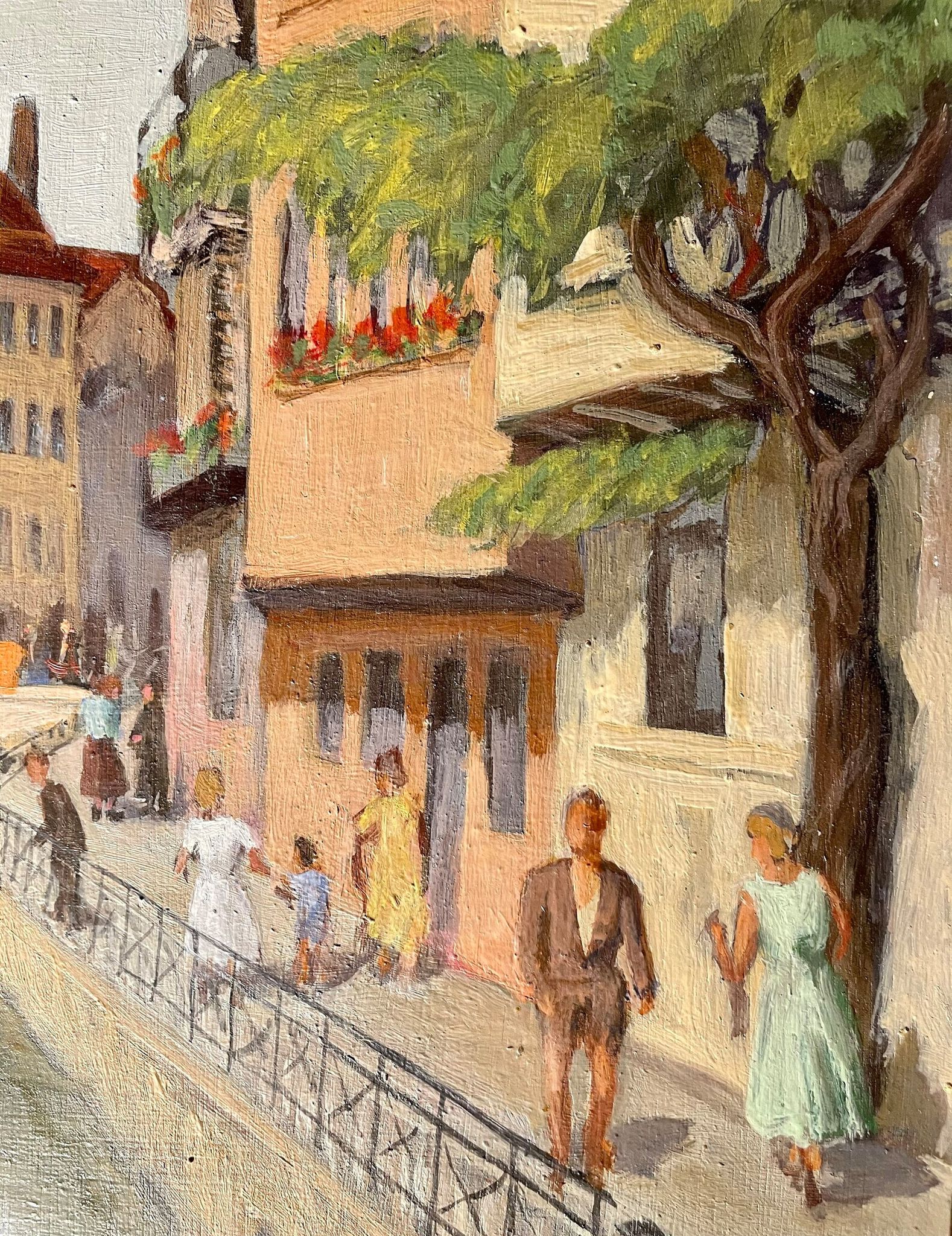 1940s French oil painting on wood. Cityscape