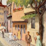 1940s French oil painting on wood. Cityscape