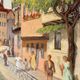 1940s French oil painting on wood. Cityscape