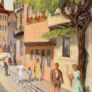 1940s French oil painting on wood. Cityscape