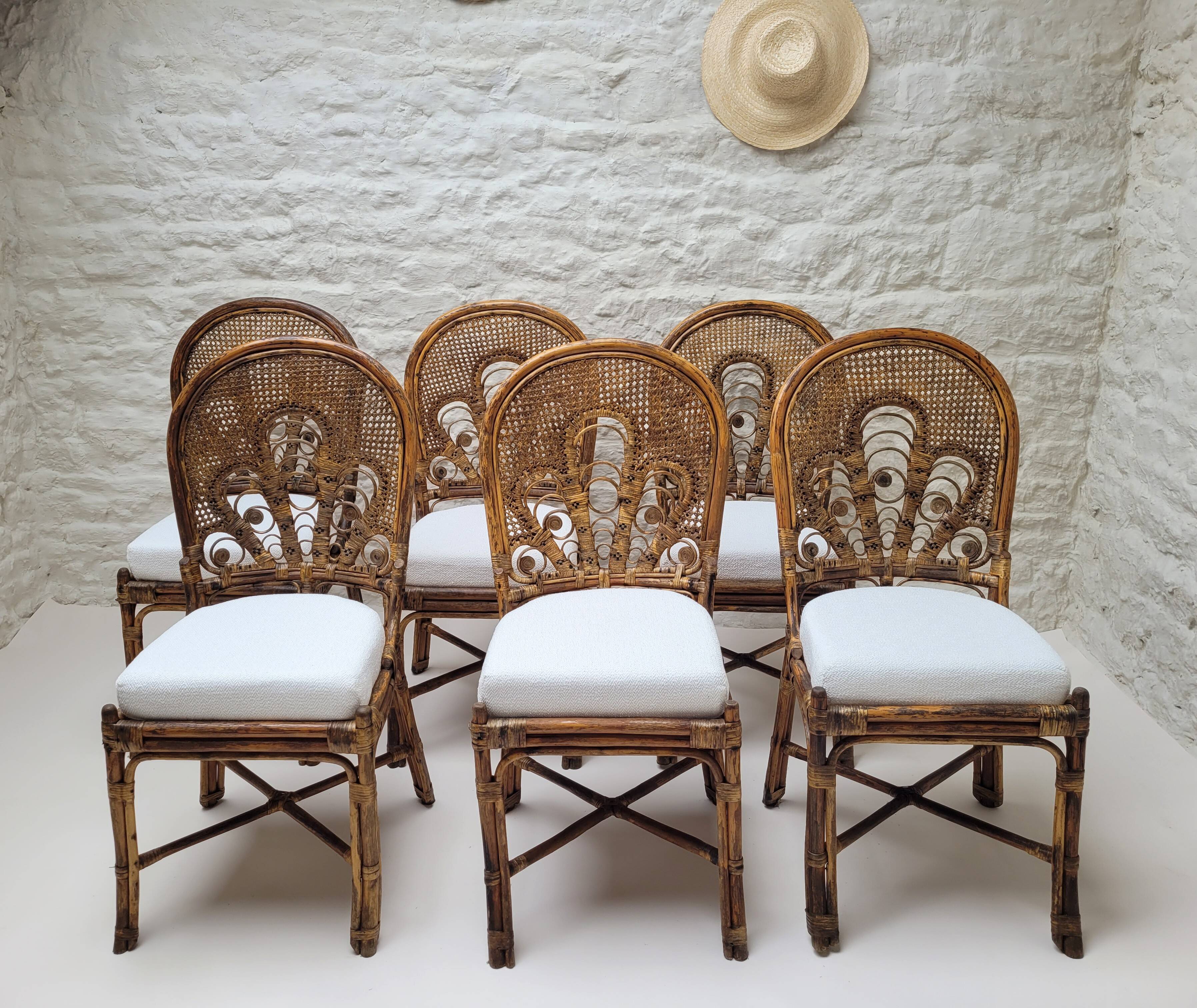 6 Vintage Emmanuelle Peacock Rattan Chairs