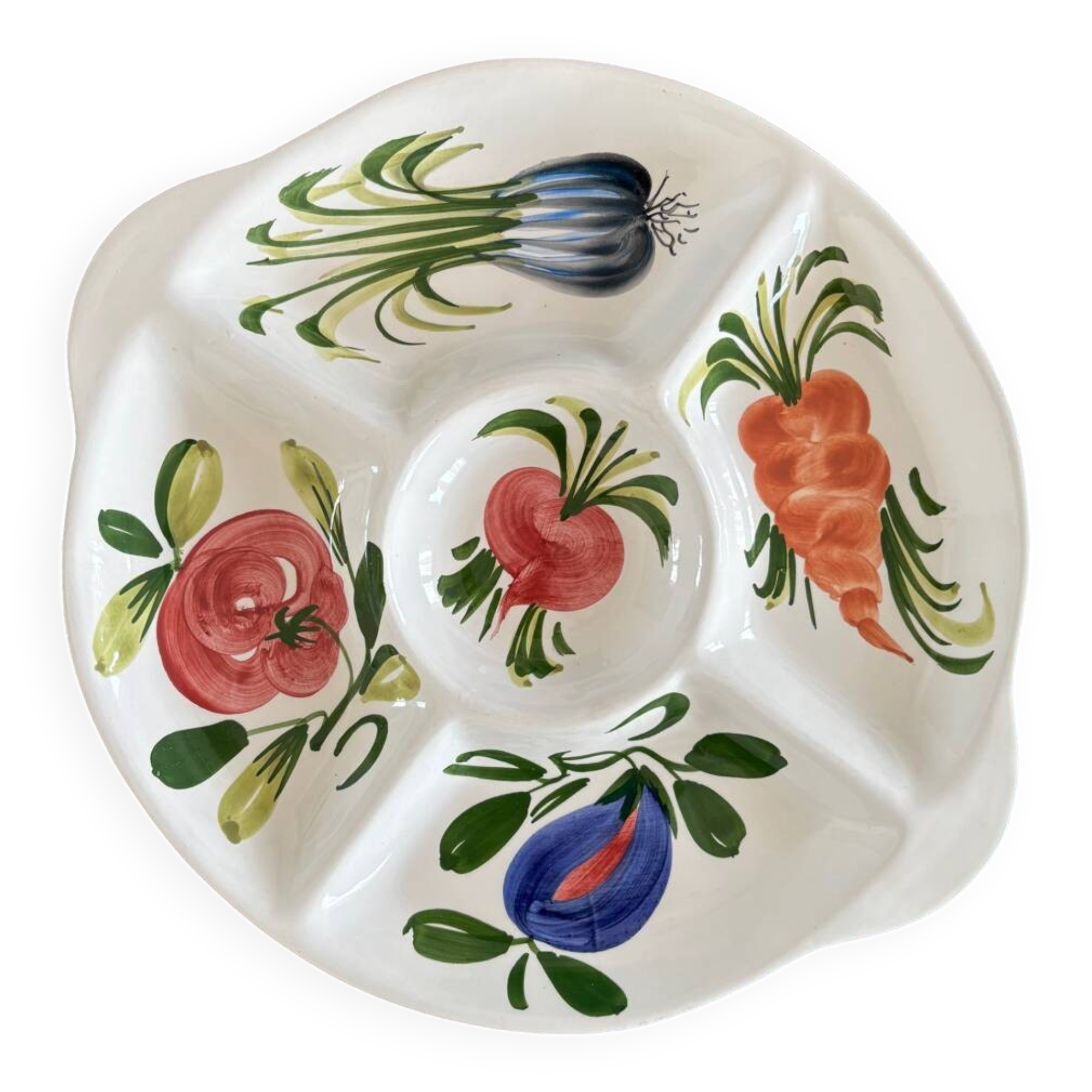 Plat apéritif compartiments légumes en barbotine majolique vintage