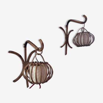 Vintage rattan wall lamps 60s, sold by 2