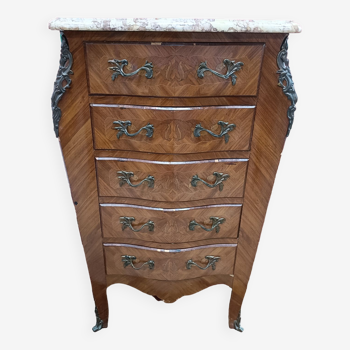 Chiffonier or semainier Louis XV style, marquetry and marble