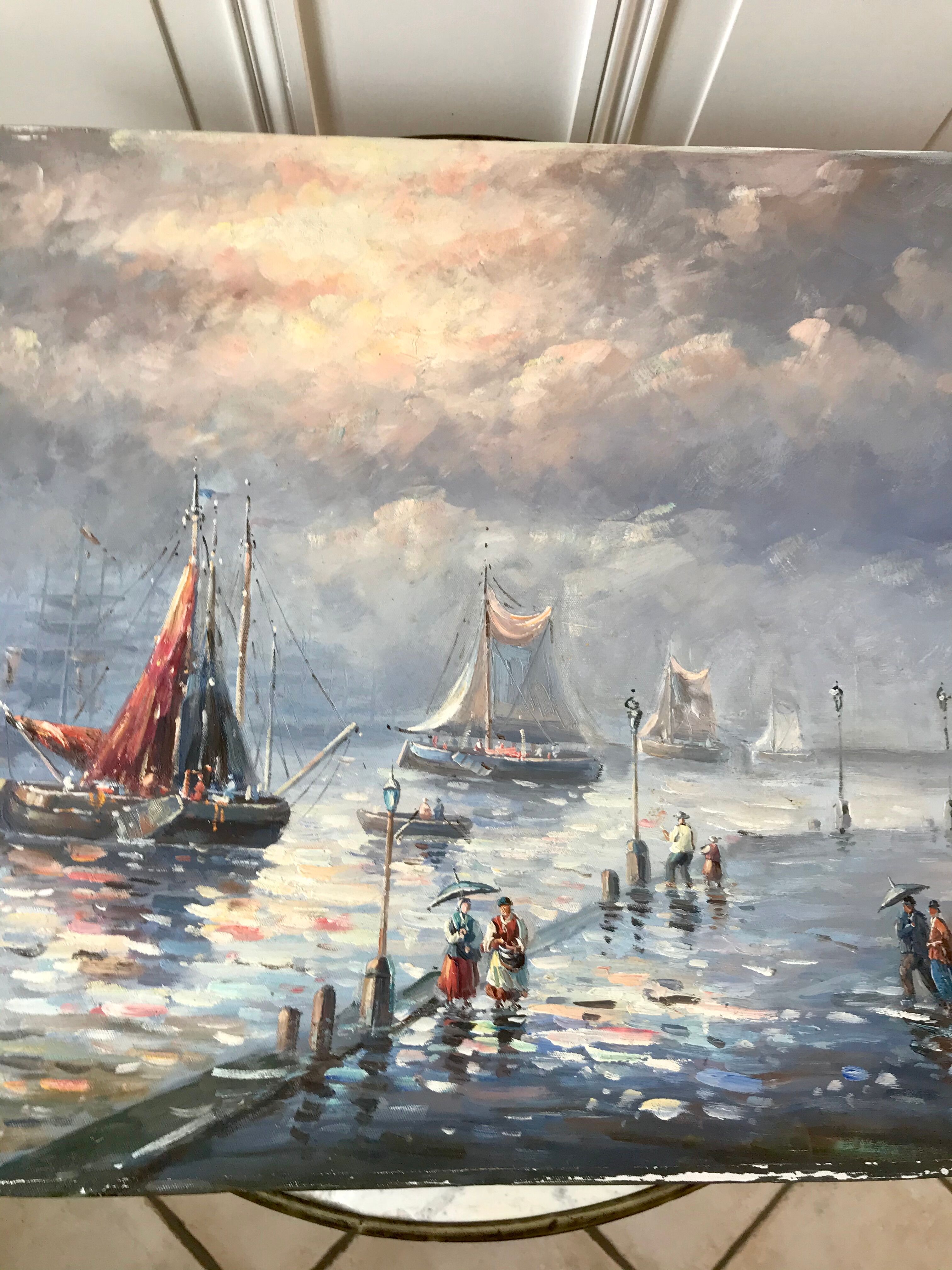 Painting seascape sailboats signed vintage