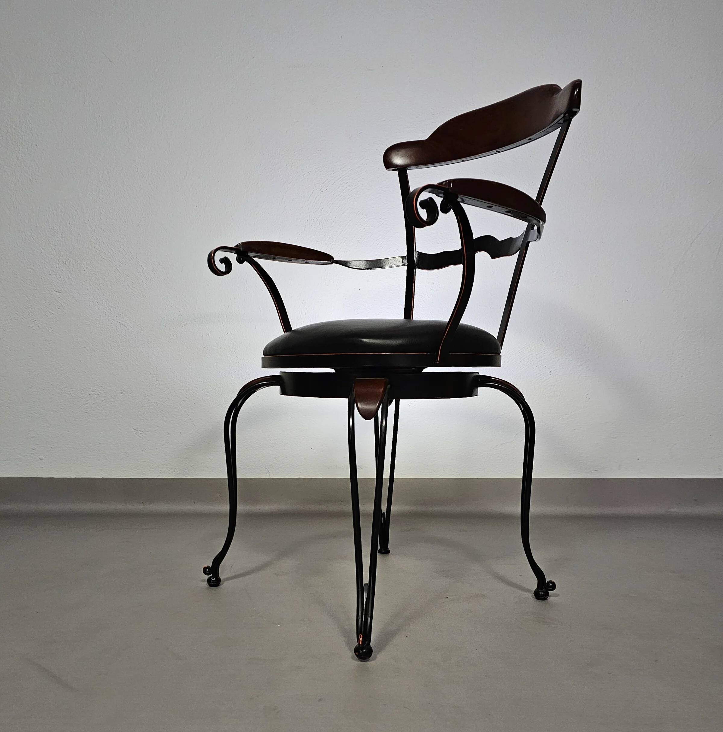 Italian postmodern turnable wrought iron dining chairs with leather seats