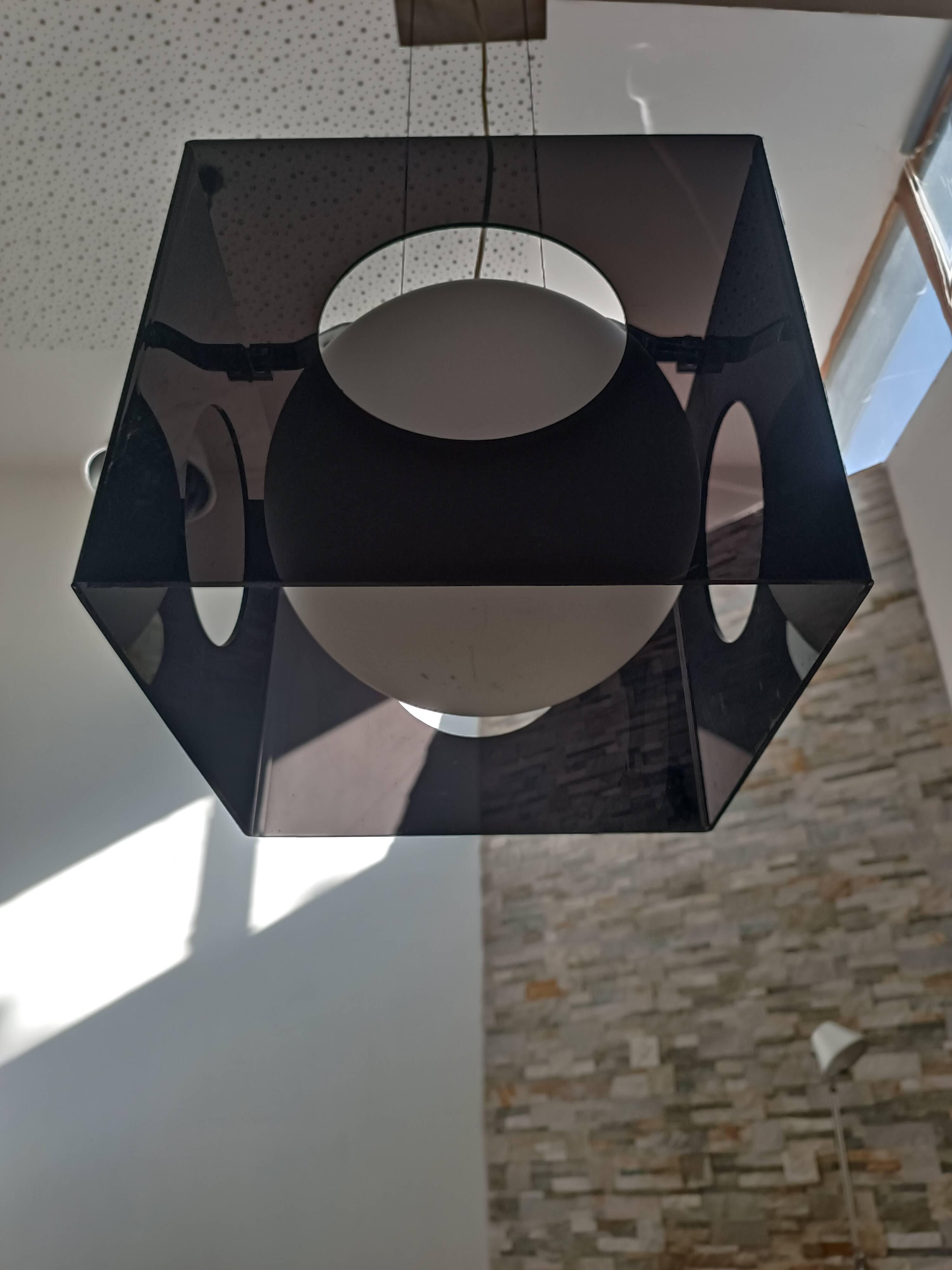 1990s smoked plexiglass designer hanging lamp