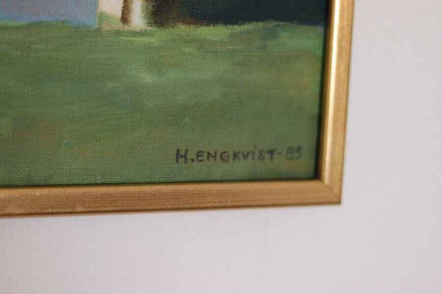 Original Swedish oil on canvas – “Landscape with Farm” by H. Engkvist – dated 1983 – vintage & framed – 41 × 50 cm (16.1" × 19.7")