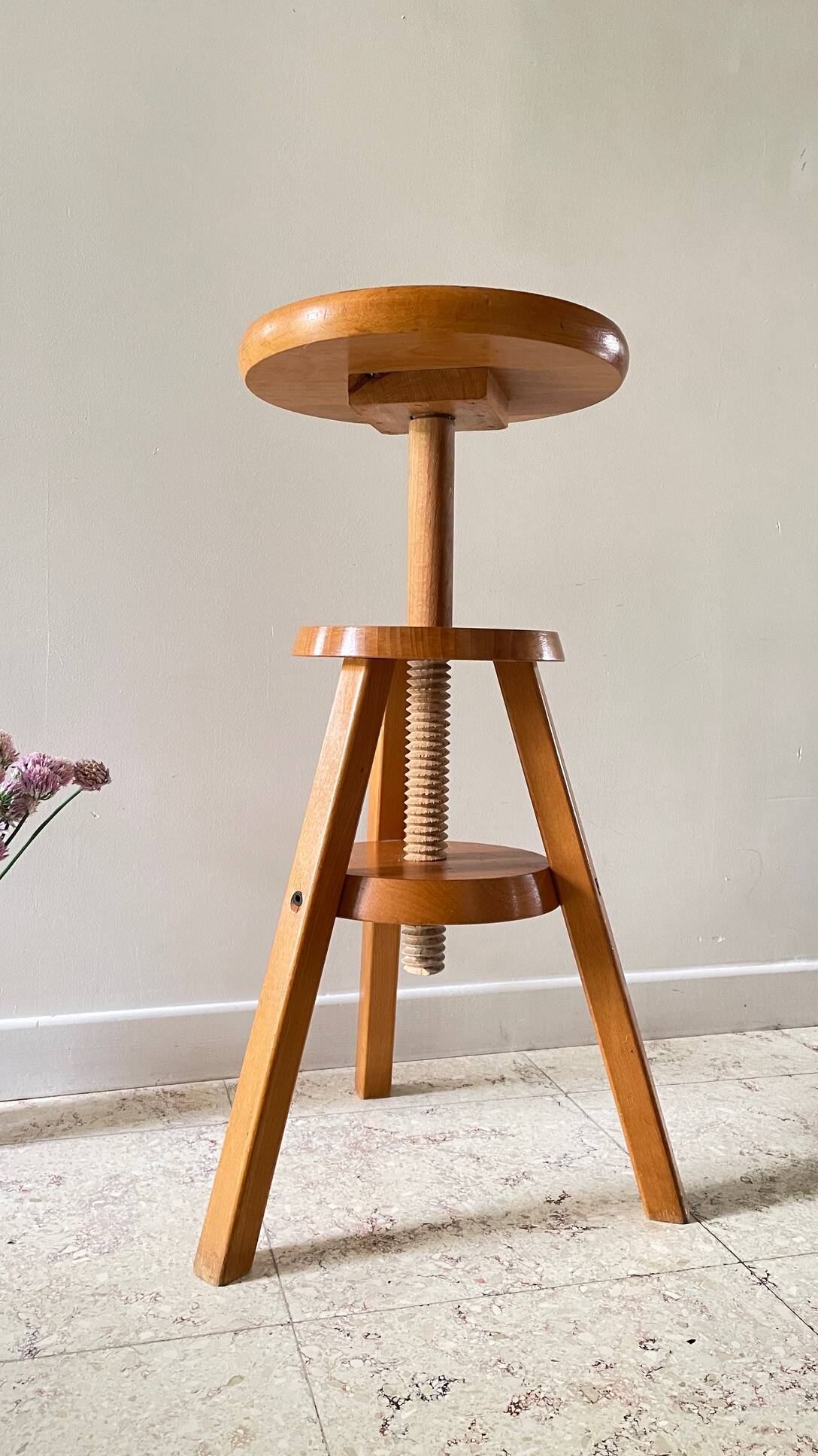 Vintage Solid Beech Screw Stool