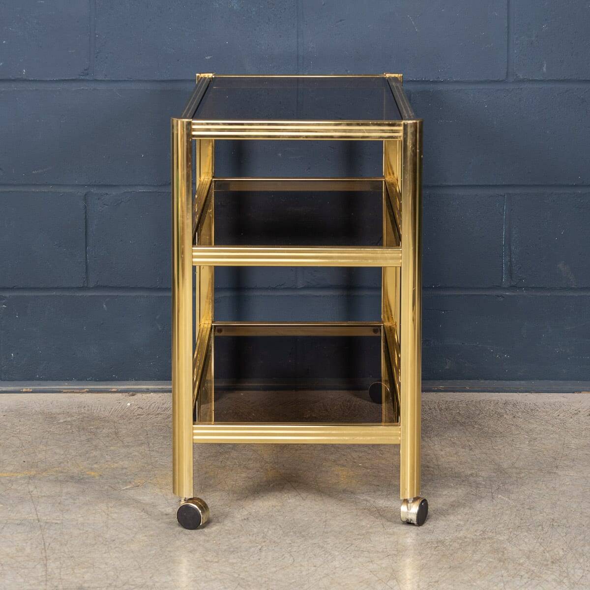 20thC BRASS & SMOKED GLASS DRINKS TROLLEY ATTRIBUTED TO MAISON JANSEN c1970