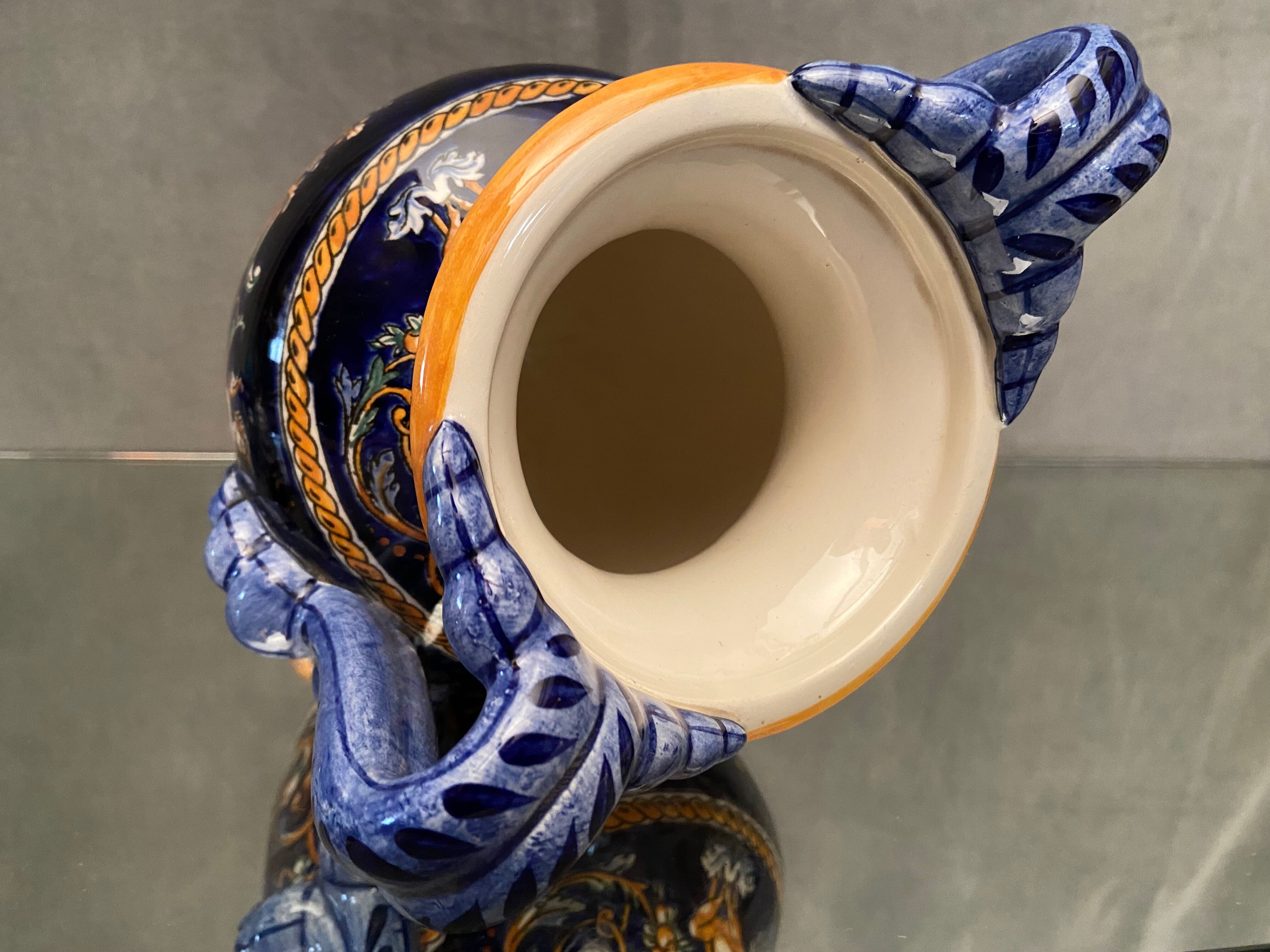 Vase on pedestal with handles in earthenware Gien Italian Renaissance decoration