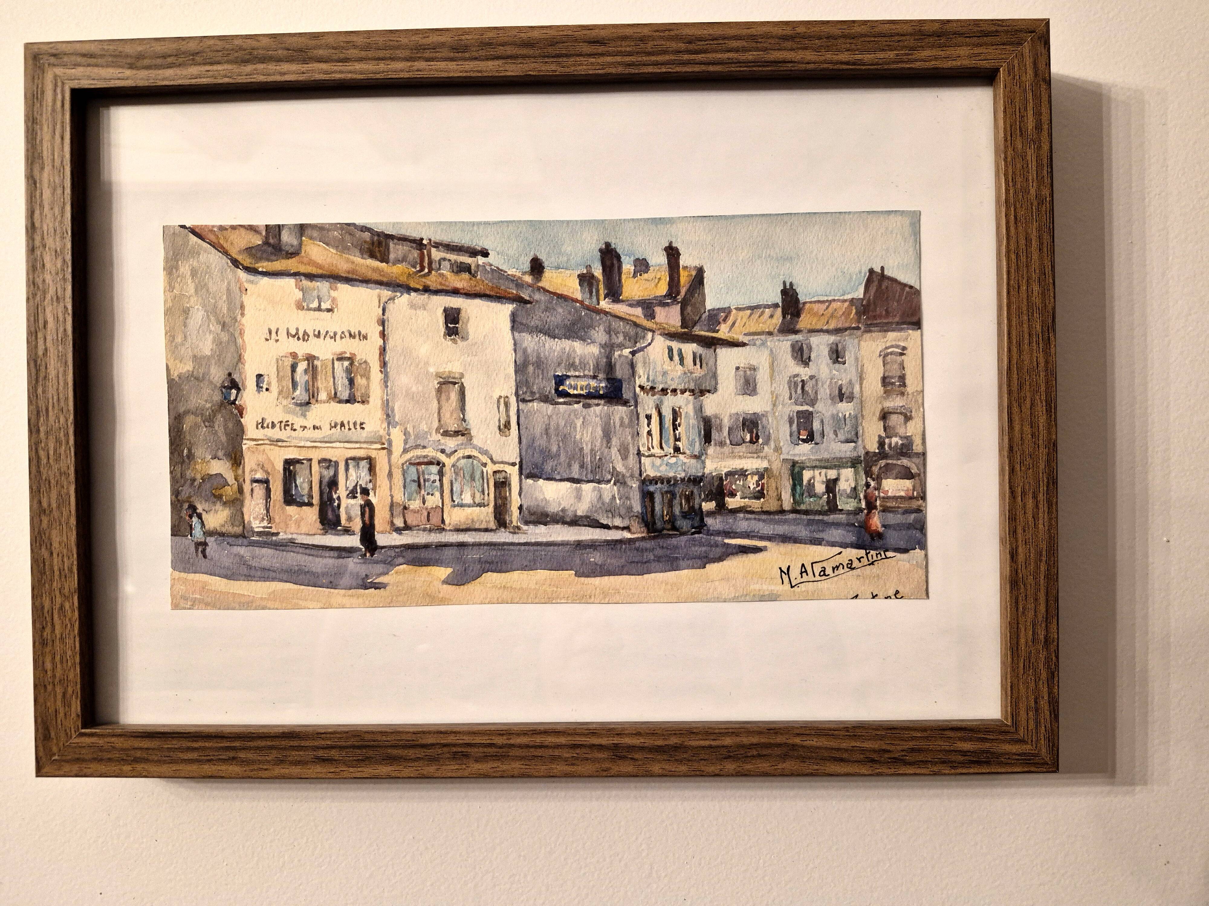 Old watercolour signed marius alamartine "hôtel de la halle" in charlieu